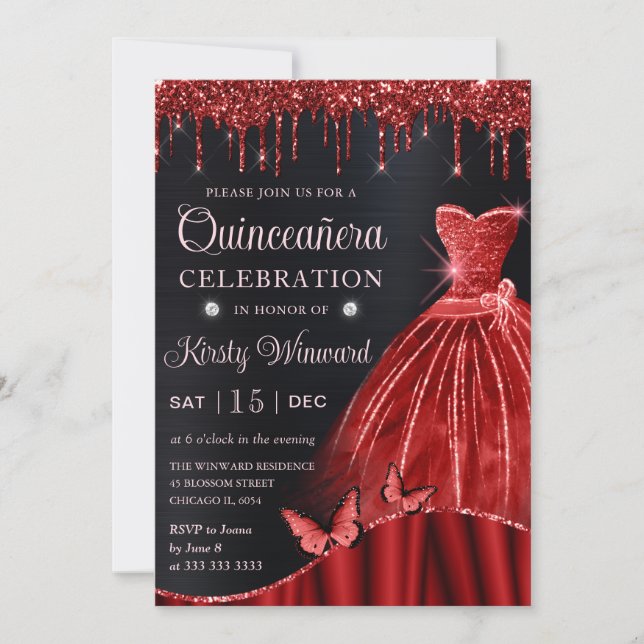 Invitation Aquarelle Robe Rouge Parties scintillant Quinceane (Devant)
