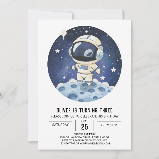 Invitation Aquarelle Rocket Astronaut moderne Bois Anniversai (Devant)