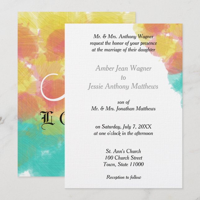 Invitation Aquarelle romantique bleu rose jaune Mariage (Devant / Derrière)