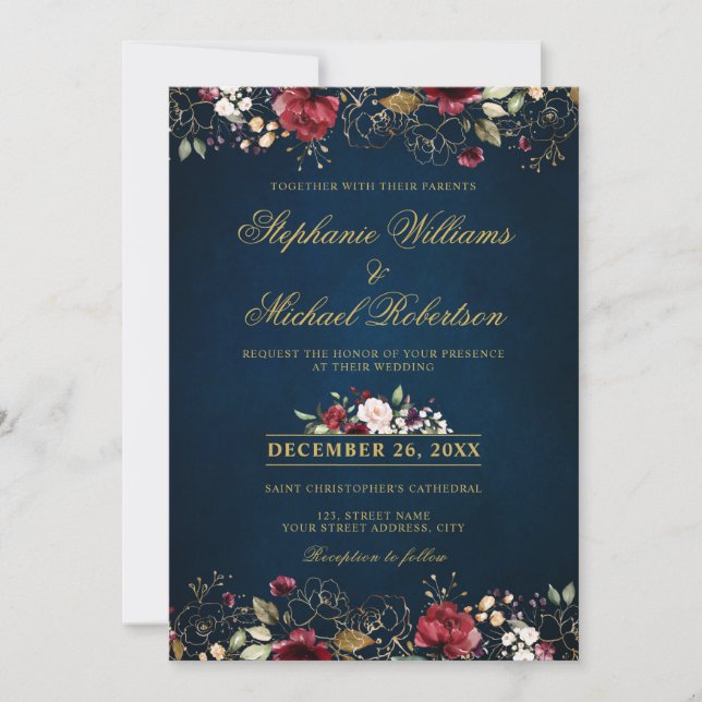 Invitation Aquarelle romantique bordeaux rouge marine or flor (Devant)