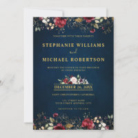 Aquarelle romantique bordeaux rouge marine or flor