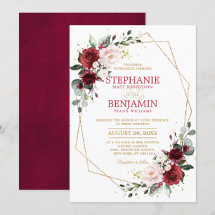 Invitation Aquarelle romantique Bourgogne Floral Or géométriq