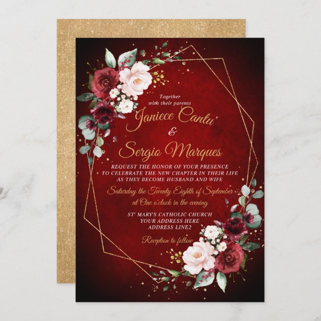 Invitation Aquarelle romantique Bourgogne Florale géométrique (Devant / Derrière)