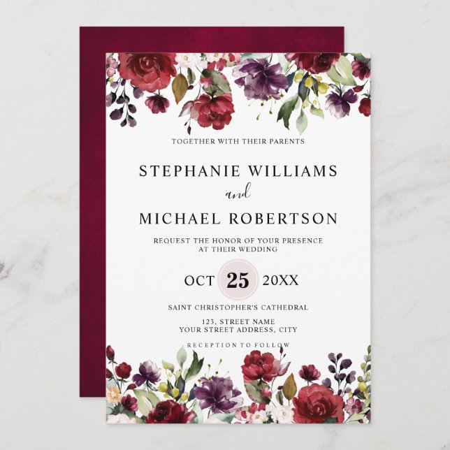 Invitation Aquarelle romantique Bourgogne Rouge Blush Rose Fl (Devant / Derrière)