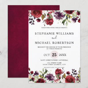 Invitation Aquarelle romantique Bourgogne Rouge Blush Rose Fl