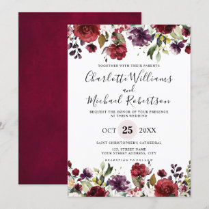 Invitation Aquarelle romantique Bourgogne Rouge Blush Rose Fl
