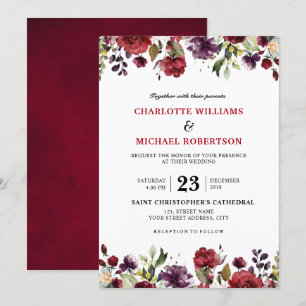 Invitation Aquarelle romantique Bourgogne Rouge Blush Rose Fl