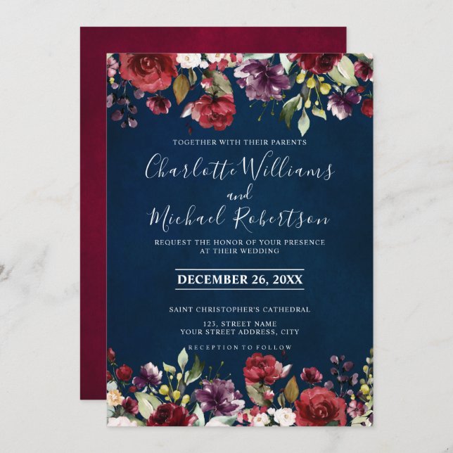 Invitation Aquarelle romantique Bourgogne Rouge Marine Floral (Devant / Derrière)