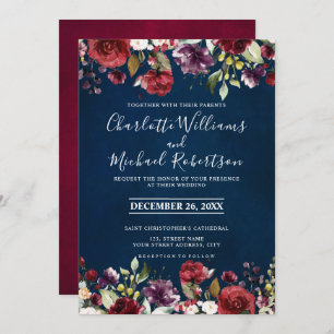 Invitation Aquarelle romantique Bourgogne Rouge Marine Floral