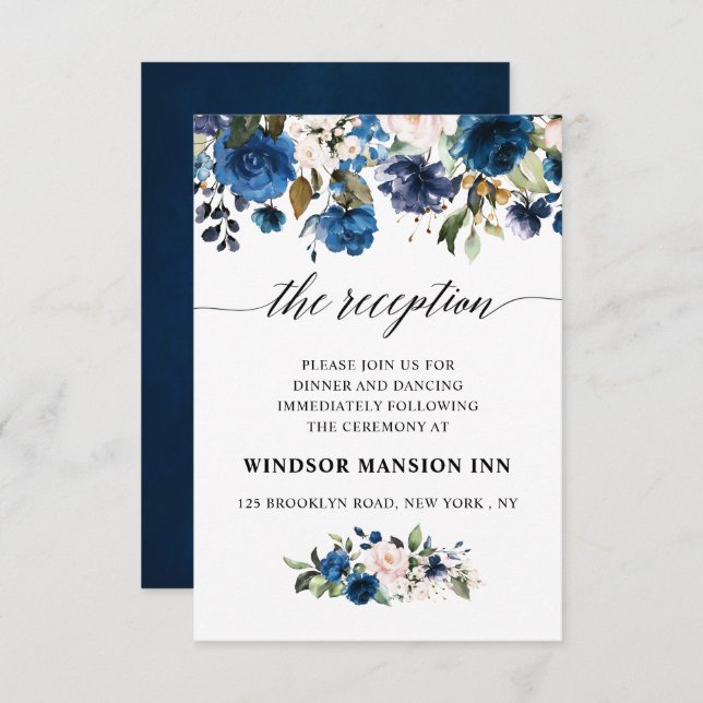 Invitation Aquarelle romantique Marine bleu Blush Rose Floral (Devant / Derrière)