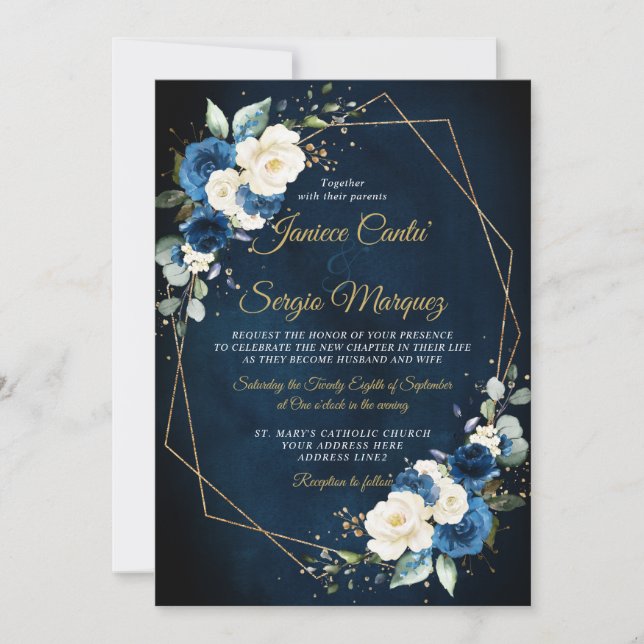 Invitation Aquarelle romantique Marine Flore ivoire géométriq (Devant)