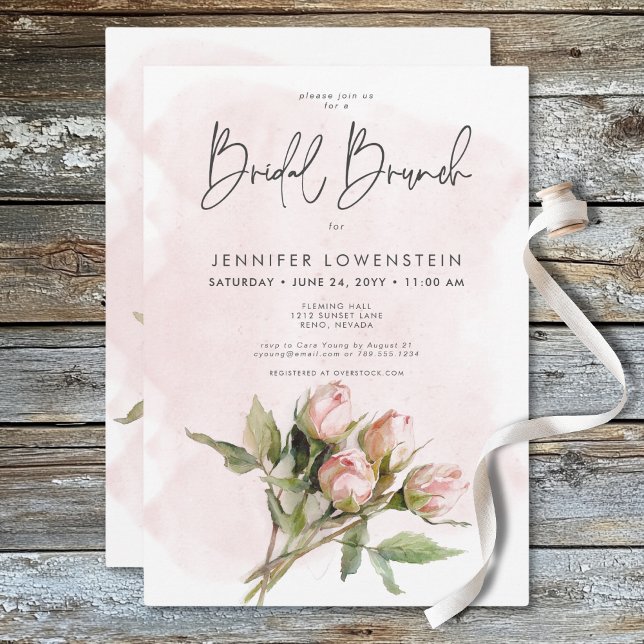 Invitation Aquarelle romantique Roses roses rose Brunch nupti (Romantic Watercolor Pink Roses Bridal Brunch Invitation)