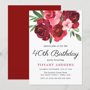 Invitation Aquarelle Romantique Roses Rouges 40e fête d'anniv