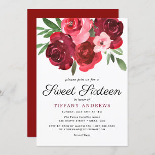 Invitation Aquarelle Romantique Roses Rouges Douce 16 Invitat