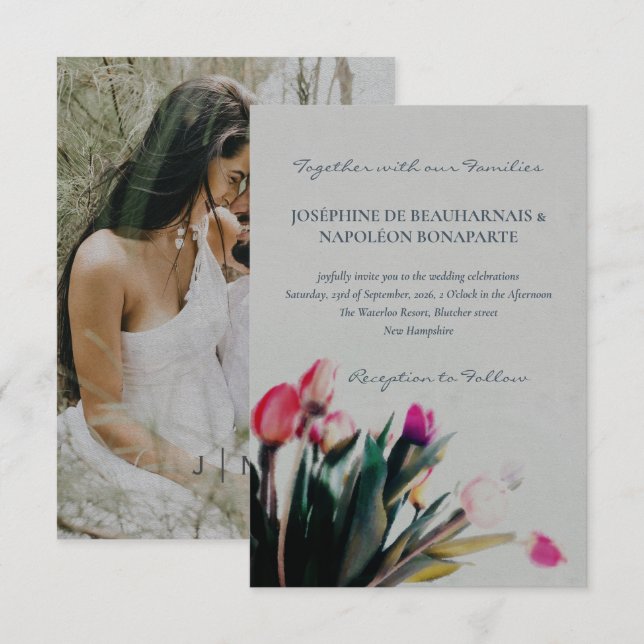 Invitation Aquarelle romantique tulipes avec mariage photo (Devant / Derrière)