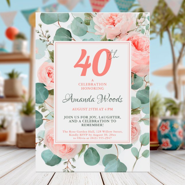 Invitation Aquarelle rose 40e anniversaire design (Créateur téléchargé)