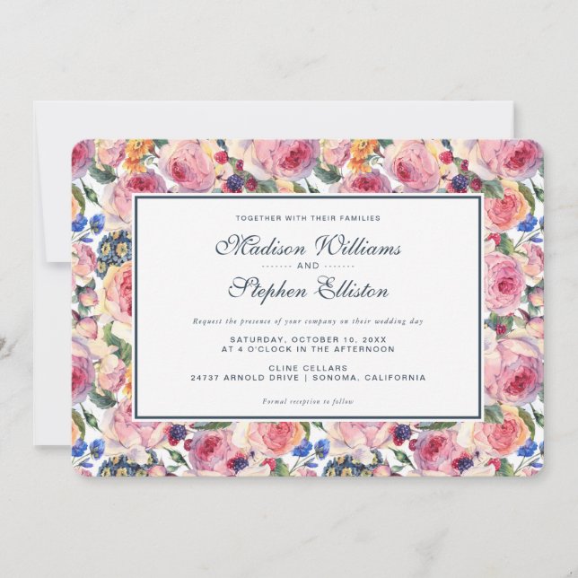 Invitation Aquarelle | Rose anglais - Mariage (Devant)