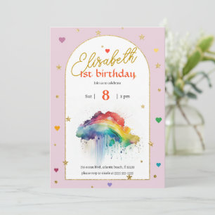 Invitation Aquarelle rose arc-en-ciel 1er anniversaire Invita