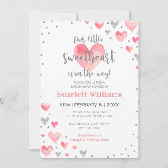 Invitation Aquarelle rose Argent Baby shower de fille amoureu (Devant)