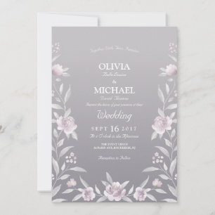Invitation Aquarelle rose argenté florale Chinoiserie Mariage