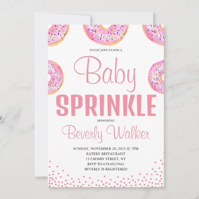 Invitation Aquarelle rose arroser Baby shower de beignes (Devant)