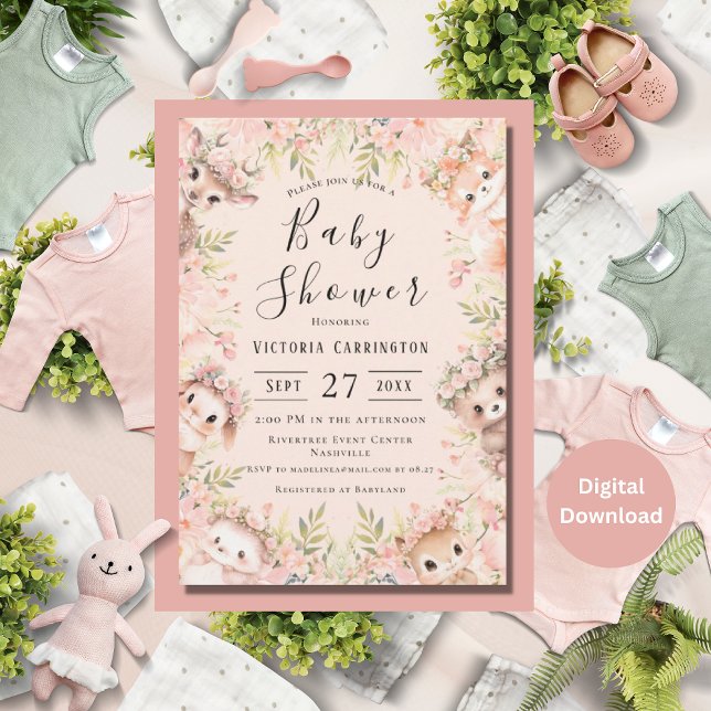 Invitation Aquarelle rose Baby shower d'animaux de bois (Créateur téléchargé)