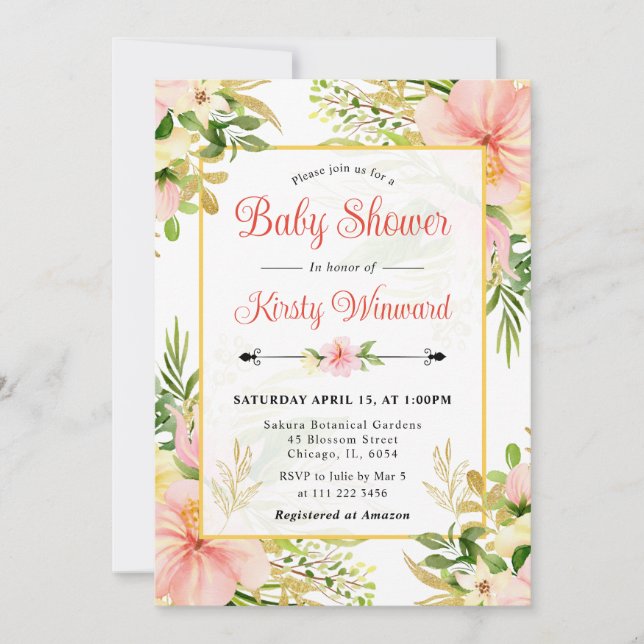Invitation Aquarelle rose Baby shower de fleurs tropicales (Devant)