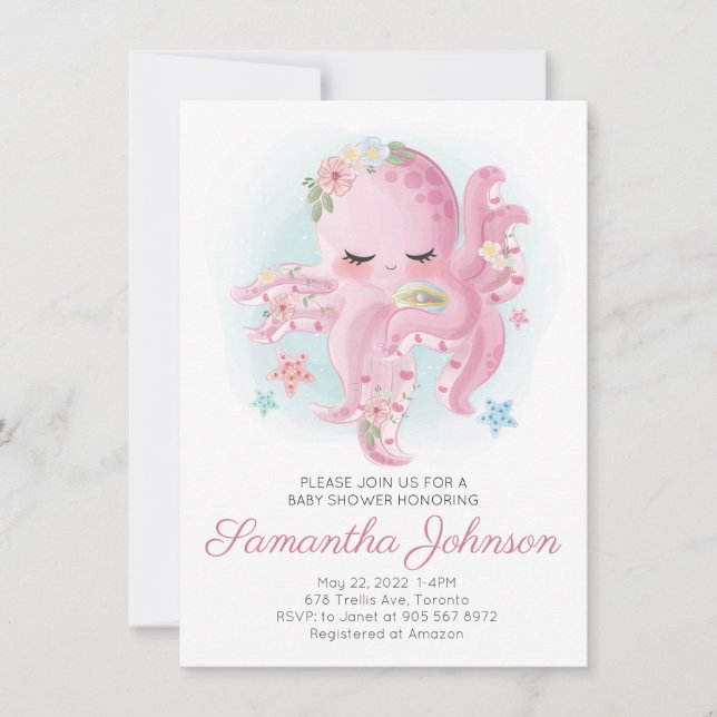 Invitation Aquarelle rose Baby shower de pieuvre florale (Devant)