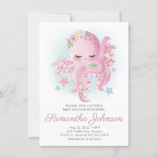 Invitation Aquarelle rose Baby shower de pieuvre florale