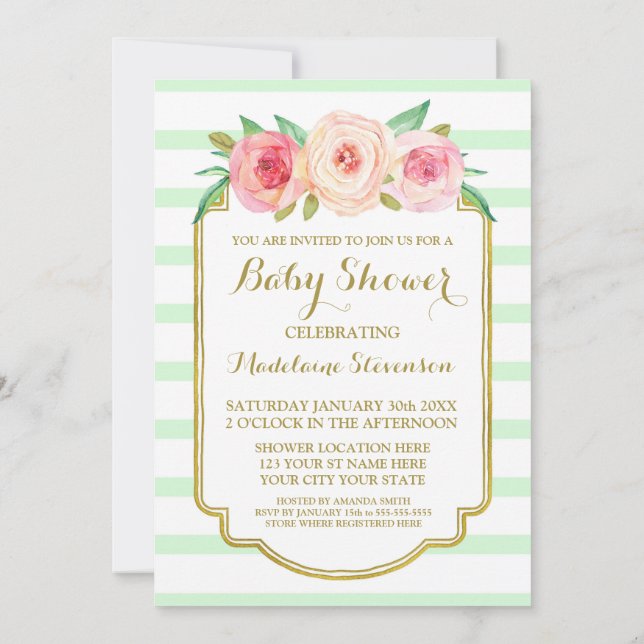 Invitation Aquarelle rose Baby shower floral (Dos)