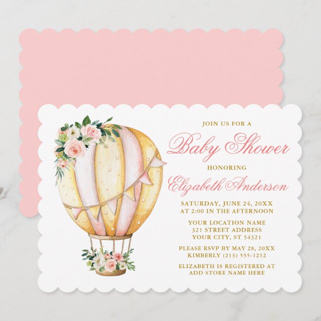 Invitation Aquarelle rose Baby shower Floral Air Balloon (Devant / Derrière)