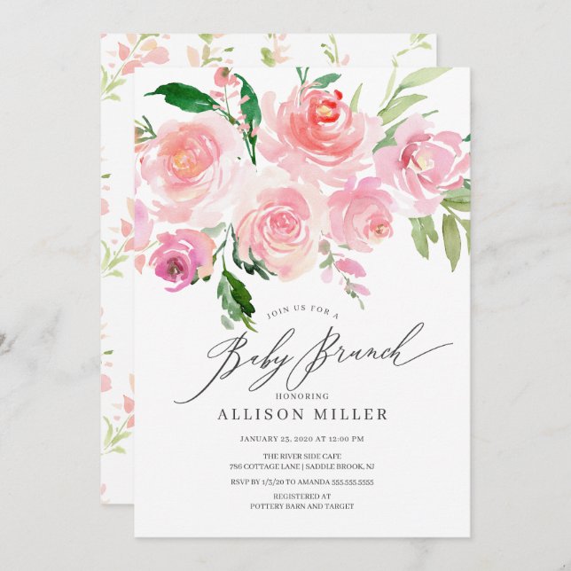 Invitation Aquarelle rose Baby shower Floral Brunch (Devant / Derrière)