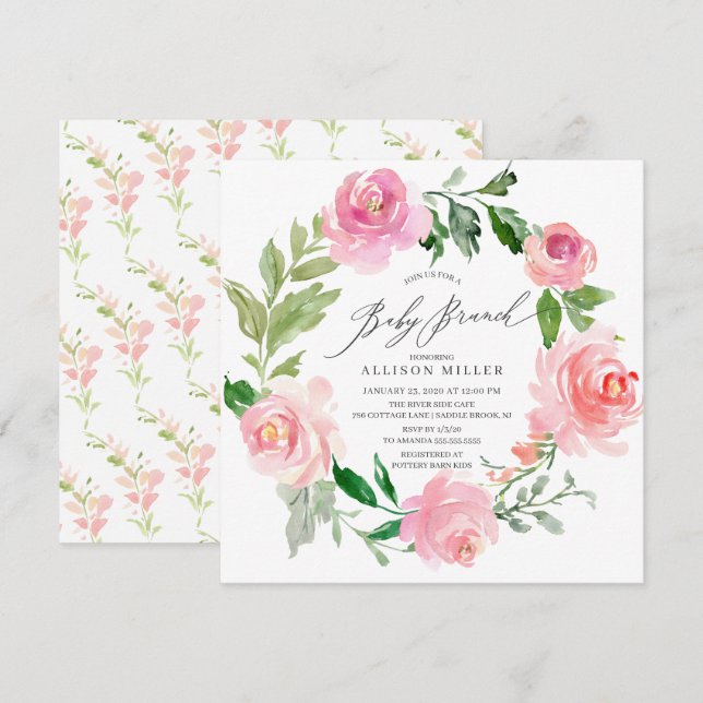 Invitation Aquarelle rose Baby shower Floral Brunch (Devant / Derrière)