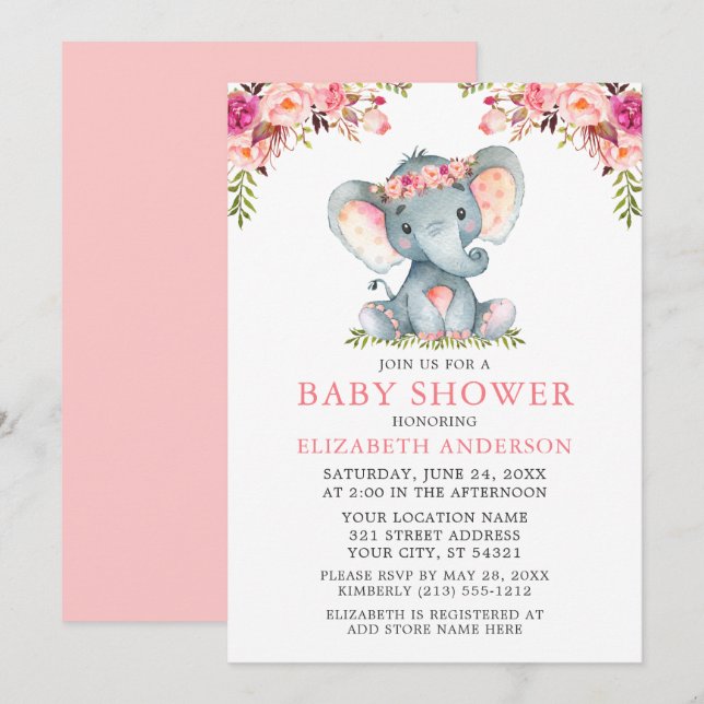Invitation Aquarelle rose Baby shower floral Eléphant (Devant / Derrière)