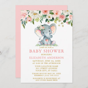 Invitation Aquarelle rose Baby shower Floral Eléphant Or