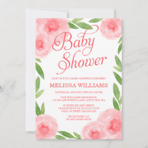 Invitation Aquarelle rose Baby shower floral feuille fille