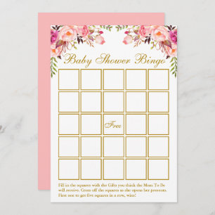 Invitation Aquarelle rose Baby shower Floral Gold Bingo Card