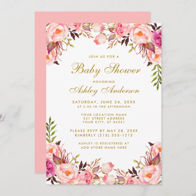 Invitation Aquarelle rose Baby shower Floral Or (Devant / Derrière)