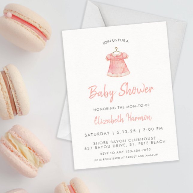Invitation Aquarelle rose Baby shower Robe fille (Créateur téléchargé)