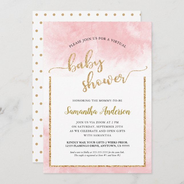 Invitation Aquarelle rose Baby shower virtuel Parties scintil (Devant / Derrière)