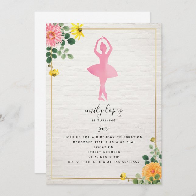 Invitation Aquarelle rose Ballerina Brick Floral Anniversaire (Devant / Derrière)