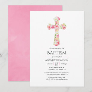 Invitation Aquarelle rose Baptême Floral ou Christening