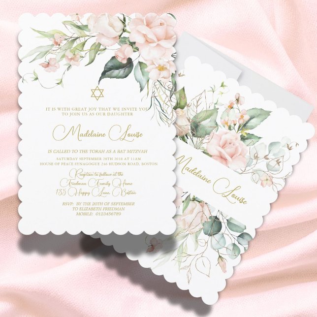 Invitation Aquarelle rose bat mitzvah Élégante (Créateur téléchargé)