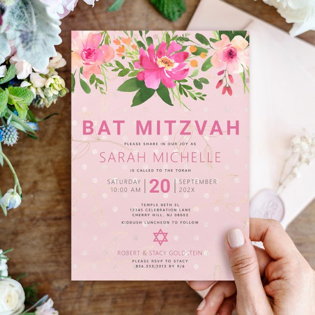 Invitation Aquarelle rose bat mitzvah Floral Moderne Simple (Créateur téléchargé)