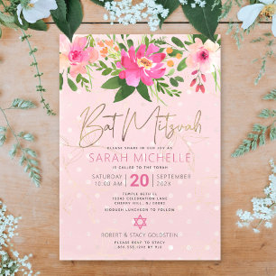 Invitation Aquarelle rose bat mitzvah Floral Script moderne