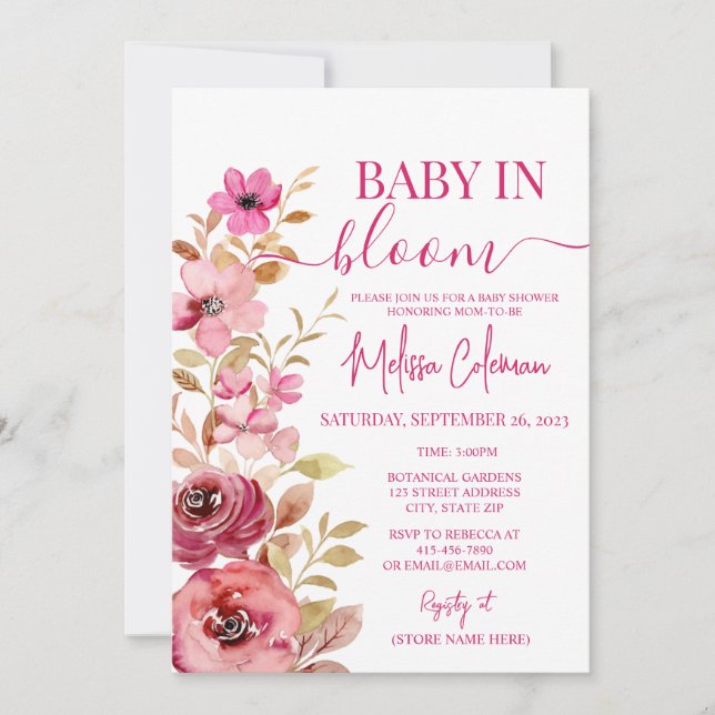 Invitation Aquarelle rose bébé dans le Baby shower en fleur (Devant)