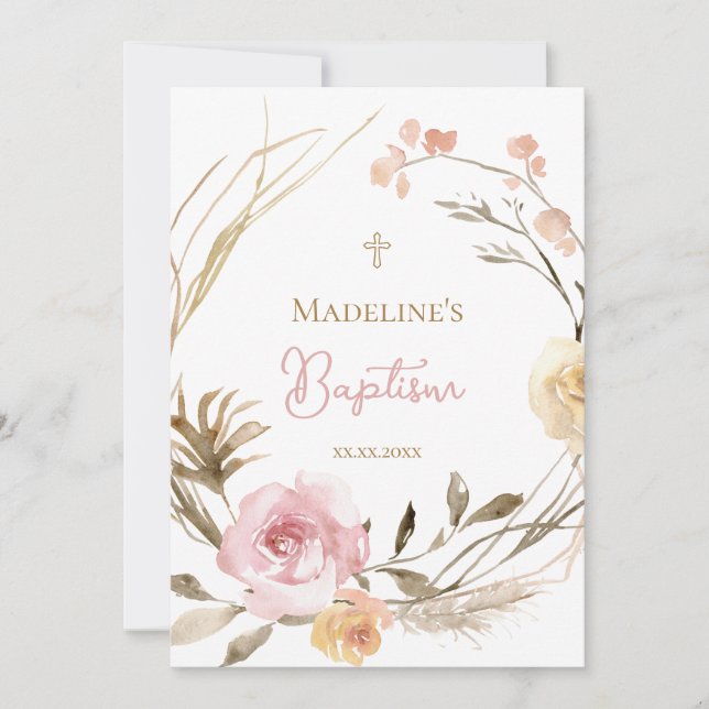 Invitation aquarelle rose beige fleurs Baptême (Devant)
