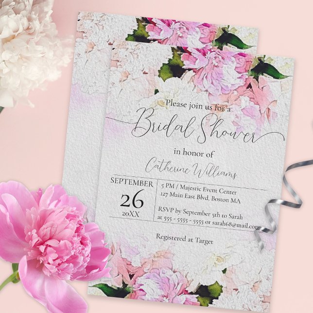Invitation Aquarelle rose blanc Fête des mariées de pivoine (Créateur téléchargé)