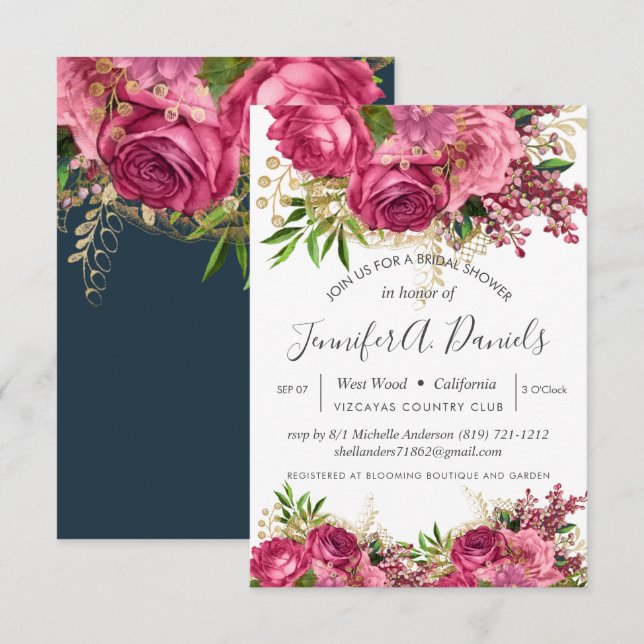 Invitation Aquarelle rose blanc Fête des mariées florale (Devant / Derrière)