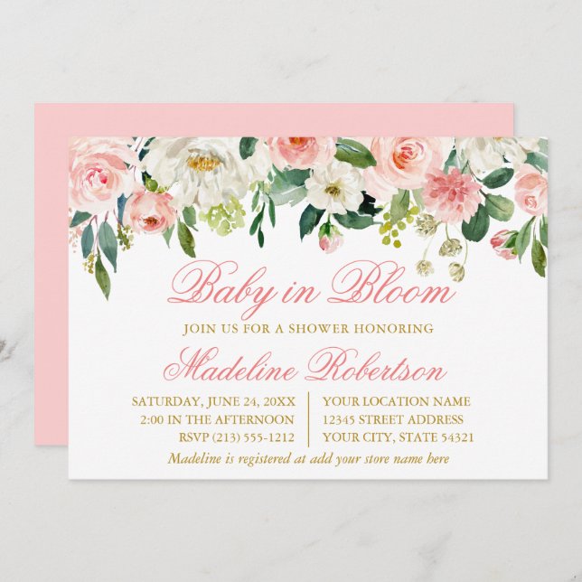 Invitation Aquarelle Rose Blanc Floral Bébé En Fleur Douche (Devant / Derrière)